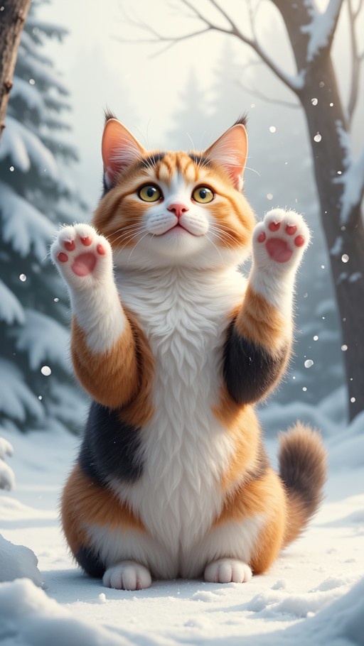 A fluffy calico cat sits on its hind legs in the snow with front paws raised, surrounded by pine trees and falling snowflakes.