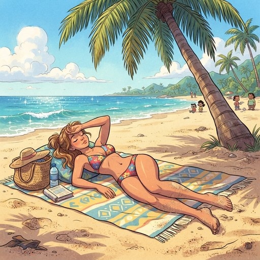 A woman in a floral bikini lies on a beach towel under a palm tree with her eyes closed and hand shielding her face, surrounded by a hat, bag, water bottle, and book against a backdrop of the ocean and distant mountains.