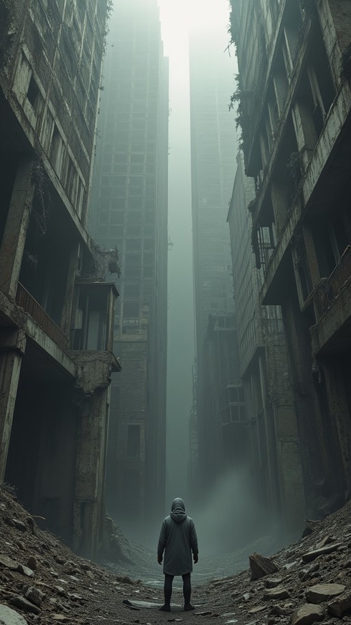 A person in a grey hooded coat stands on a rubble-strewn path looking up at towering ruined skyscrapers shrouded in thick fog.