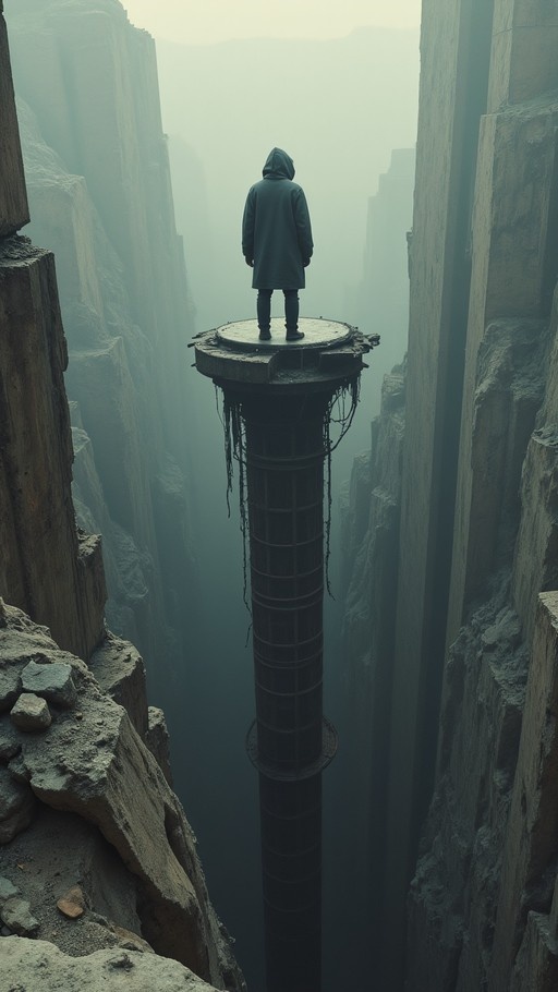 A lone person in a dark hooded coat stands on top of a tall cylindrical pillar in the center of a deep, foggy canyon with steep rock walls.