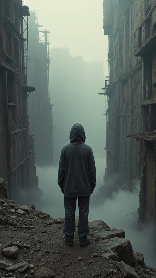 A person wearing a dark grey hoodie stands on a pile of rocks and debris with their back to the viewer, looking into a thick fog that fills the narrow space between tall, crumbling buildings.