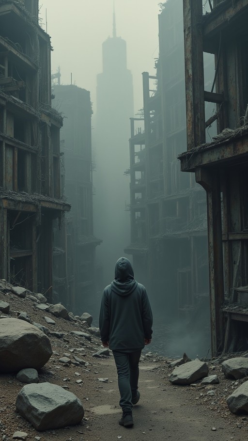 A hooded figure walks away from the viewer down a rubble-filled street between ruined buildings toward a foggy skyscraper silhouette.