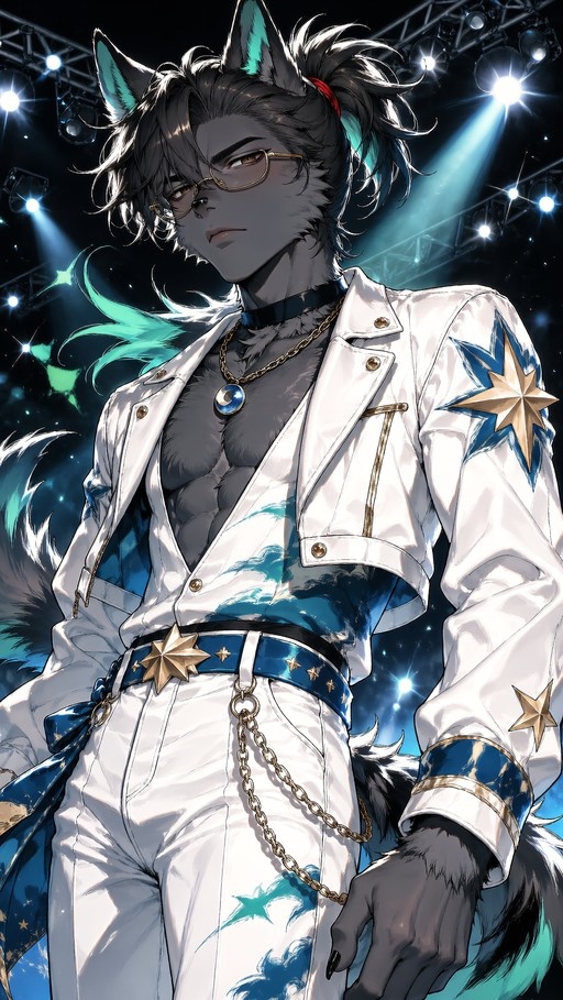 An anthropomorphic wolf character with dark fur and teal hair streaks wears glasses, a white jacket with gold stars, and poses under bright stage lights.