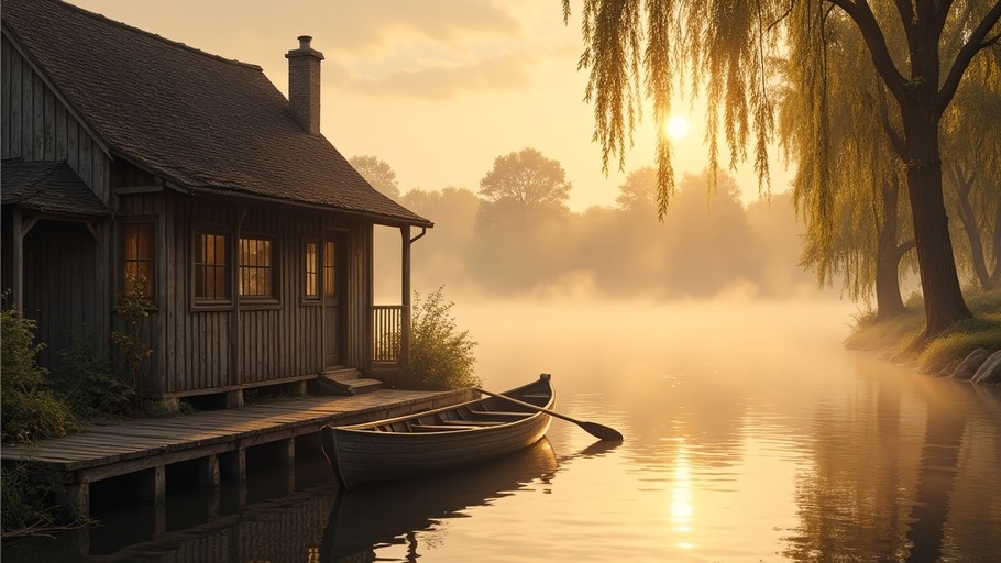 A wooden cabin on a dock next to a boat with a willow tree and sunset in the background.
