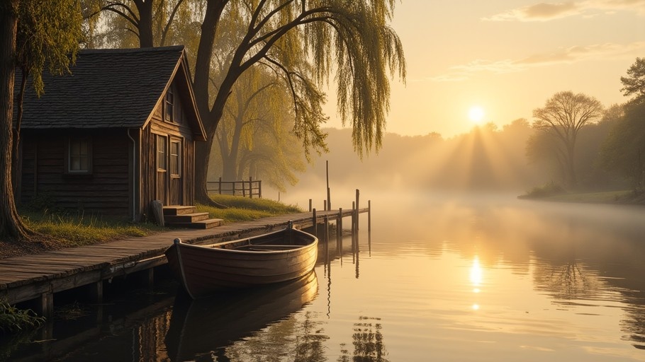 A rustic wooden cabin and small boat docked at a pier beside a calm lake, framed by weeping willow trees under a misty golden sunrise or sunset.