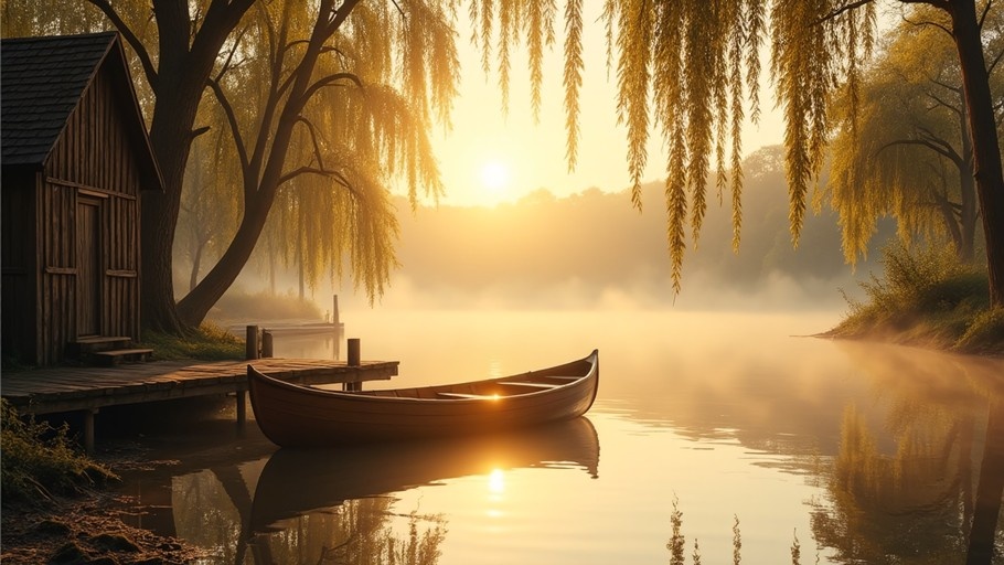 A wooden boat is moored at a dock next to a small wooden shed on a misty lake surrounded by weeping willows during a golden sunrise.