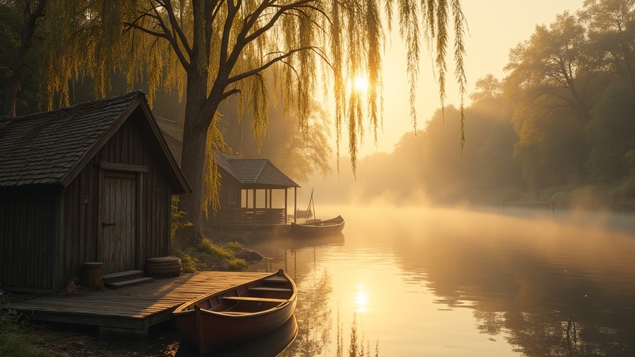 A wooden rowboat is tied to a dock next to a boathouse on a misty lake at sunrise, with sunlight filtering through a weeping willow tree.