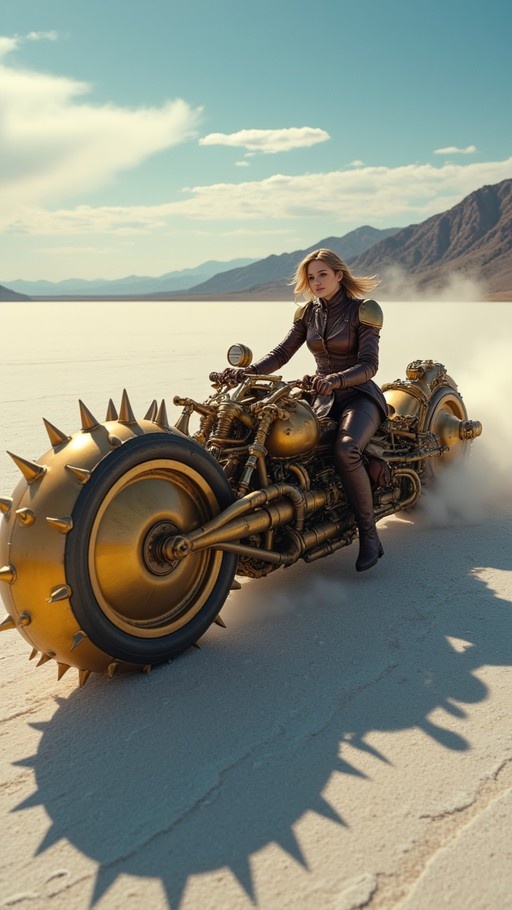 A blonde woman in leather gear rides a motorcycle with large gold-spiked wheels across a white salt flat.