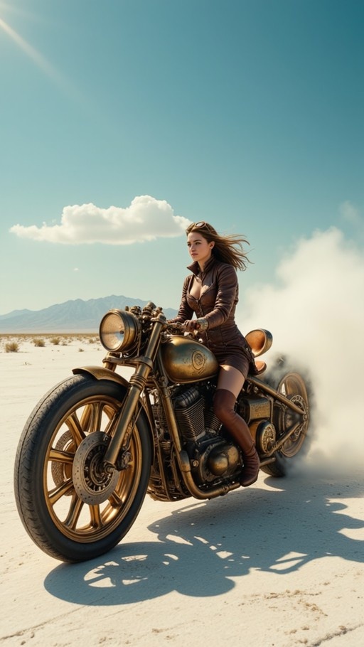 A woman in a leather jacket and goggles rides a vintage motorcycle across a desert landscape, kicking up dust as she drifts.