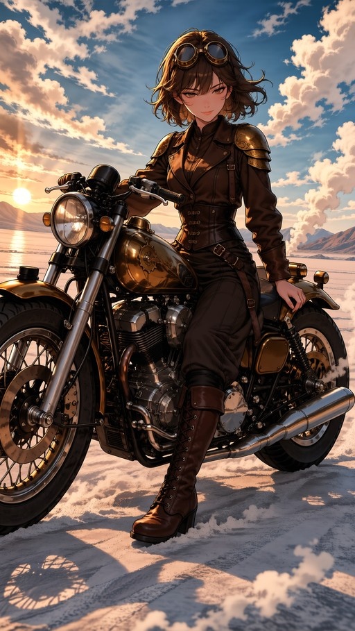 A brown-haired anime girl wearing goggles and a leather jacket with shoulder armor sits on a vintage motorcycle in a desert landscape at sunset.