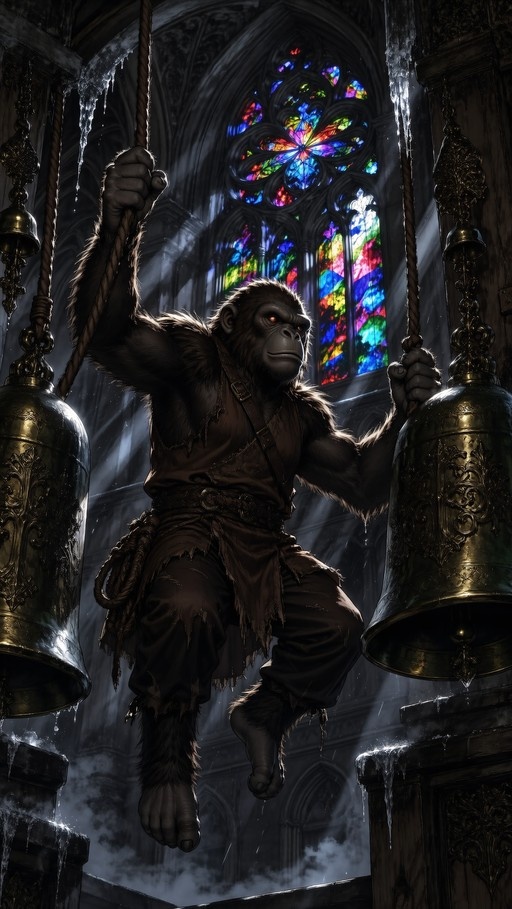 A dark-furred monkey with glowing red eyes rings large golden bells in a cathedral with stained-glass windows.