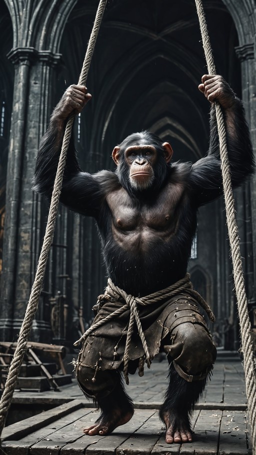 Muscular anthropomorphic chimpanzee holding onto ropes in a gothic cathedral.
