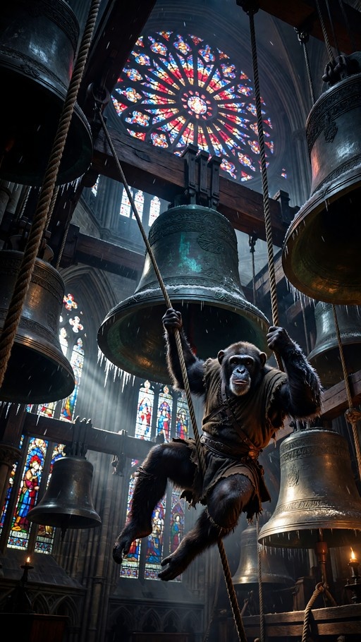 A chimpanzee in tattered robes hangs from ropes to ring large bronze bells inside a cathedral with stained glass windows.