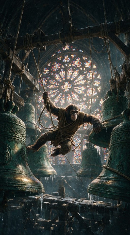 A chimpanzee wearing tattered robes swings on a rope among large bronze bells in a snowy cathedral with a rose window.