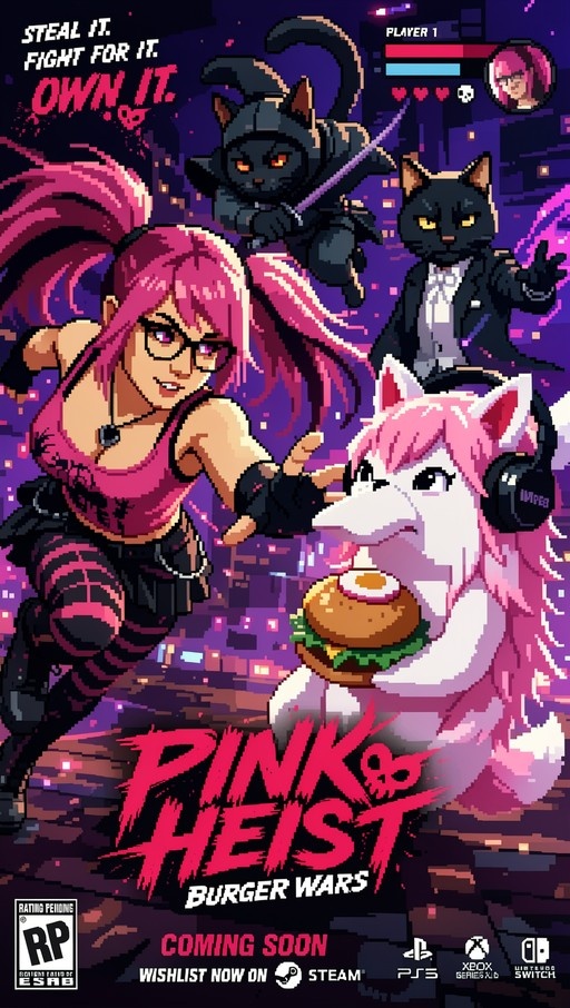 A pixel art video game cover for Pink & Heist Burger Wars featuring a pink-haired girl and a cat holding a burger against a purple city background.