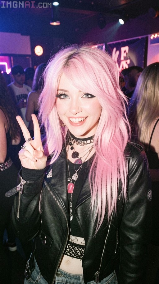 A smiling young woman with long pink hair wearing a black leather jacket and choker gives a peace sign in a nightclub.