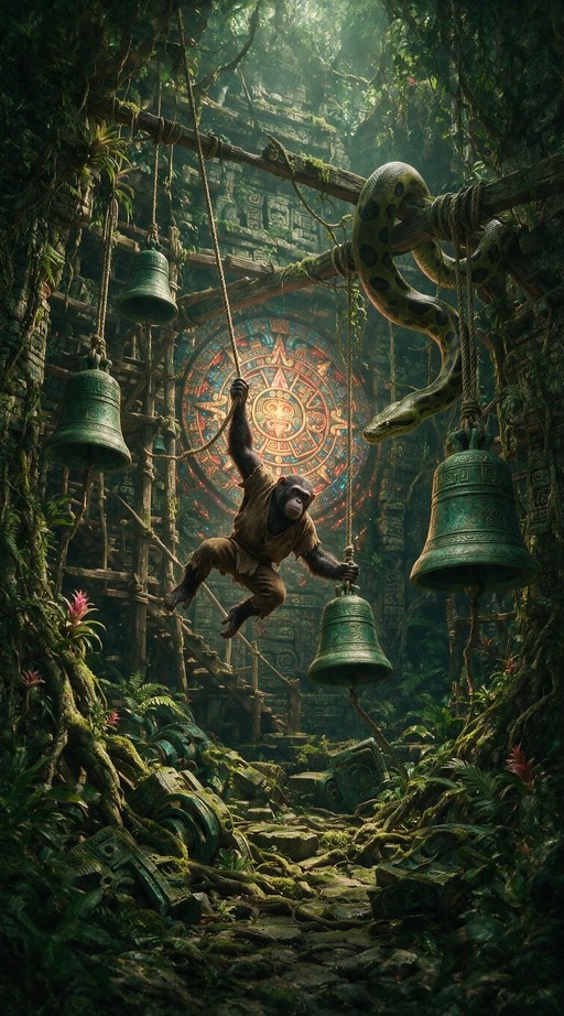 A chimpanzee in tattered clothes swings on a rope in front of ancient stone ruins with hanging bells and a large snake coiled above.
