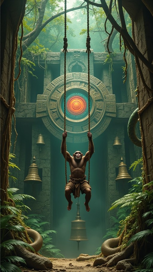 A muscular ape-like humanoid swinging on ropes in front of an ancient jungle temple with a large glowing calendar stone.