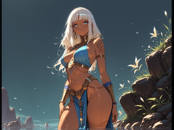 A dark-skinned woman with long white hair and blue eyes wearing a blue outfit and gold jewelry stands in water at night near rocks with flowers.