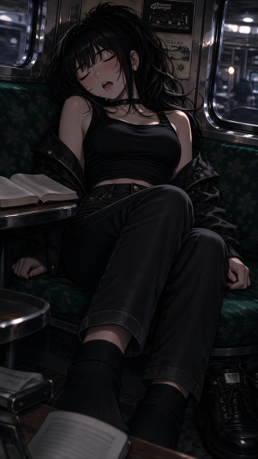 An anime girl with long black hair sleeping in a ponytail on a train seat at night, wearing a black tank top and pants with an open book nearby.