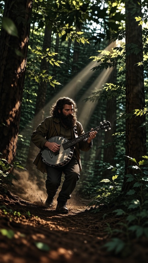 A bearded man in sunglasses runs through a sunlit forest playing a banjo.