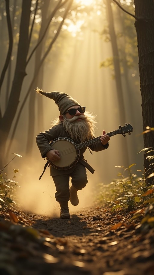 A bearded gnome wearing sunglasses and a pointed hat plays a banjo while running on a sunlit forest path.