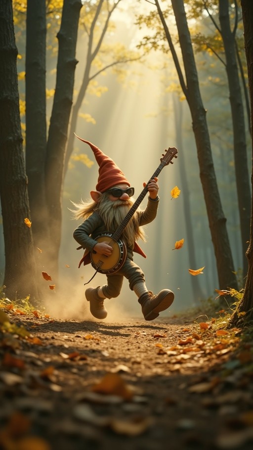 A bearded gnome wearing a red pointy hat and sunglasses runs through an autumn forest while playing a banjo.