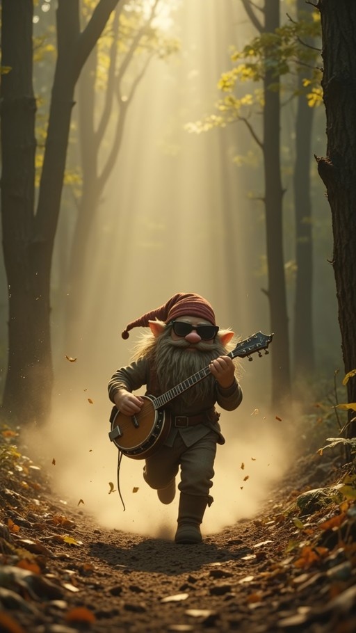 A bearded dwarf wearing sunglasses runs through a sunlit autumn forest playing a banjo.
