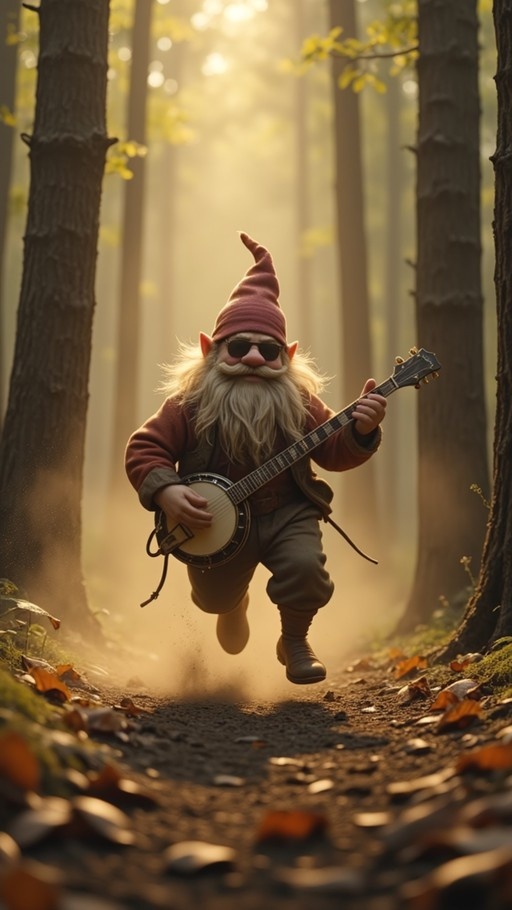 A bearded gnome wearing a pointed hat and sunglasses jumps through an autumn forest while playing a banjo.