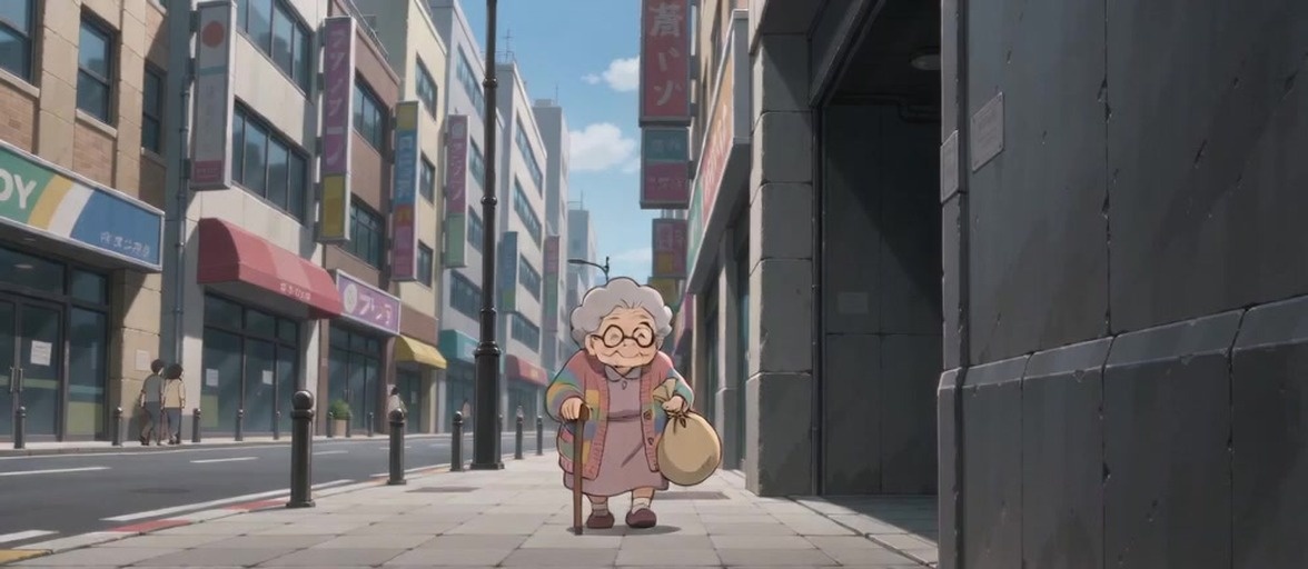 An elderly person with grey hair and round glasses wearing a dark hoodie holds a black trash bag on a sunny city sidewalk near a metal trash can.