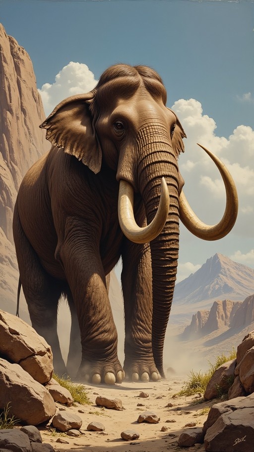 A large mammoth with long curved tusks and brown hair on its head stands in a rocky canyon. The creature is depicted in an oil painting style with detailed textures, set against a backdrop of mountains and a blue sky with clouds.