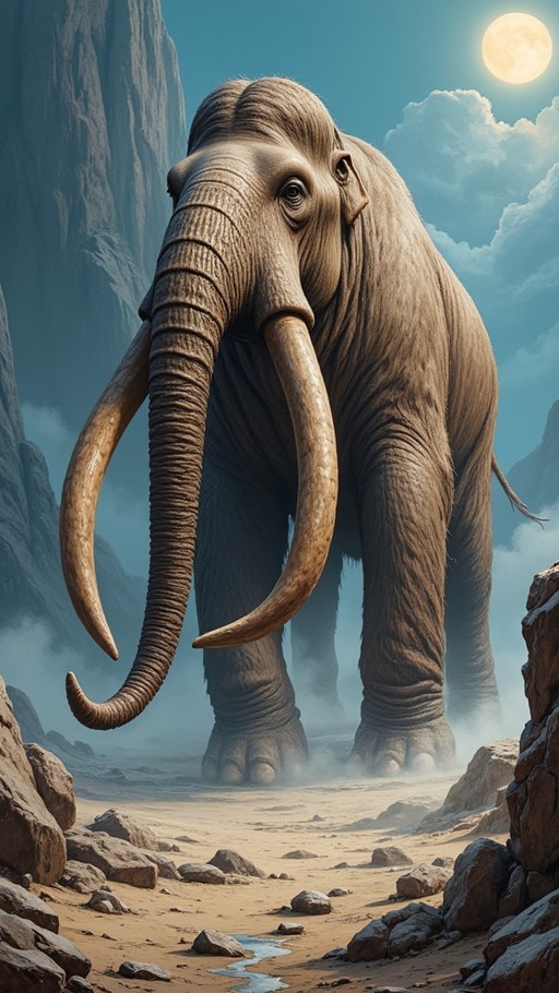 A large hairy mammoth with long curved tusks stands in a rocky desert canyon under a bright full moon.