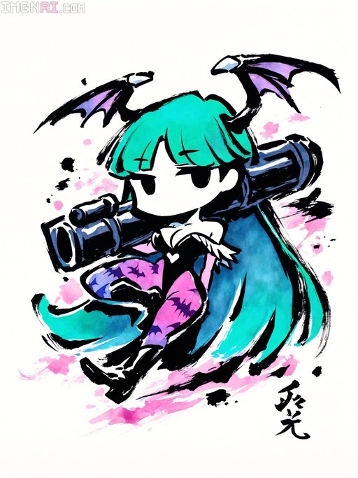 Chibi Morrigan Aensland with green hair and bat wings holding a rocket launcher in a watercolor style.