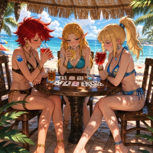 Princess Zelda and two elf companions in bikinis playing cards on a sunny beach under a thatched roof.
