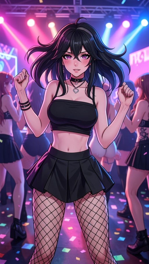 Anime girl with long black hair and purple eyes dancing in a nightclub wearing a black crop top, pleated skirt, and fishnet stockings.