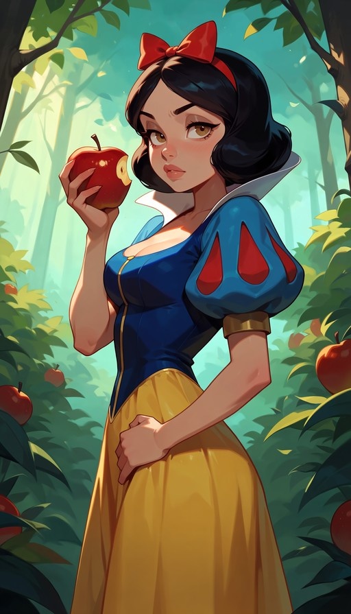 A stylized digital illustration of Snow White in her signature blue and yellow dress holding a bitten red apple while standing in an apple orchard.