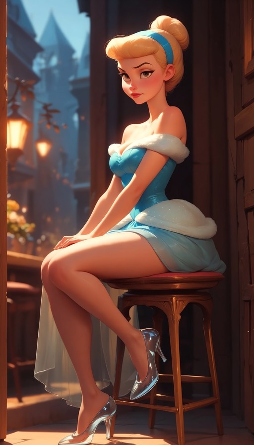 A digital painting of Cinderella sitting on a wooden stool wearing a blue off-shoulder dress with white fur trim and clear high heels, looking towards the viewer.