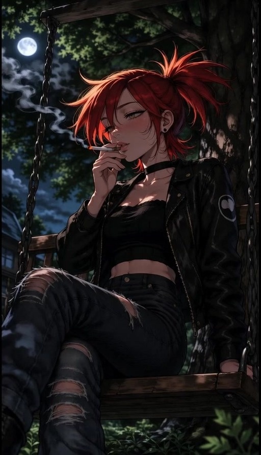 A red-haired girl with yellow eyes sits on a swing outdoors at night, wearing an open leather jacket and torn jeans while smoking a cigarette under a full moon.