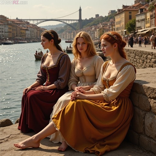 Three women in historical gowns sitting on a stone wall by the river with a bridge in the background.