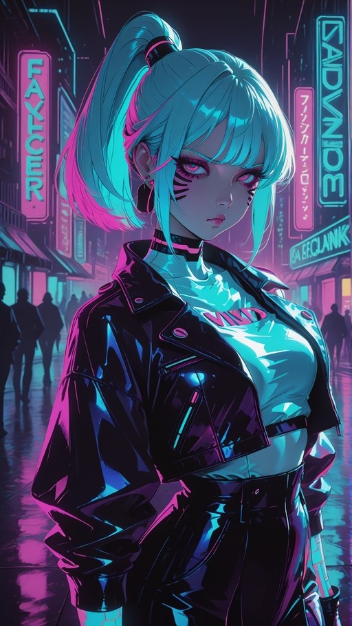 Anime woman with teal ponytail and pink highlights wearing a black leather jacket in a neon cyberpunk street at night
