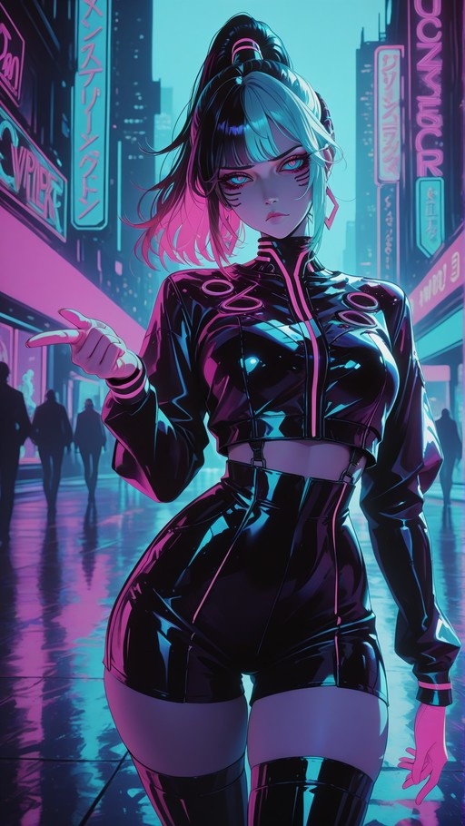 A cyberpunk woman with two-tone black and light blue hair in a high ponytail stands on a wet neon-lit street, wearing a shiny black outfit and pointing at the viewer.