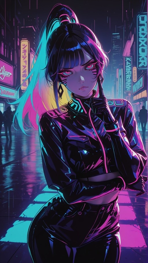 Cyberpunk woman with multicolored hair and glowing eyes wearing a black leather jacket in a neon-lit city at night.