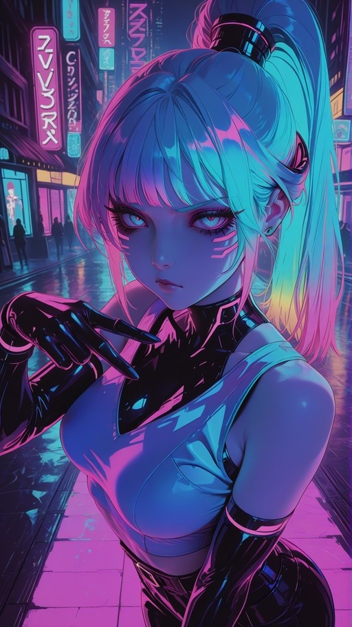 A cyberpunk anime woman with teal hair in a high ponytail stands on a street illuminated by pink and blue neon signs.