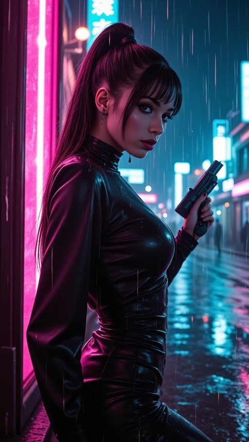 A woman in a black latex bodysuit holding a handgun stands in the rain under neon lights.
