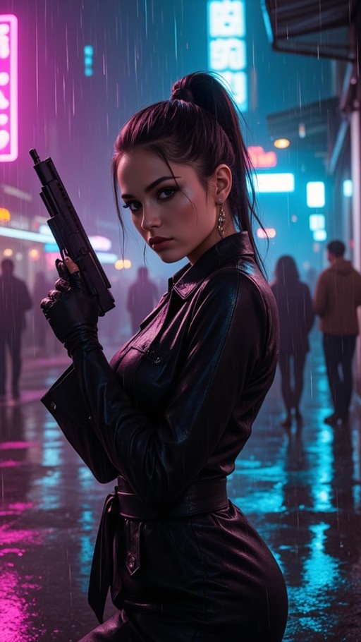 A digital illustration of a young woman with dark hair in a ponytail, wearing a black leather jacket and gloves, holding a handgun while standing in the rain under vibrant pink and blue neon city lights.