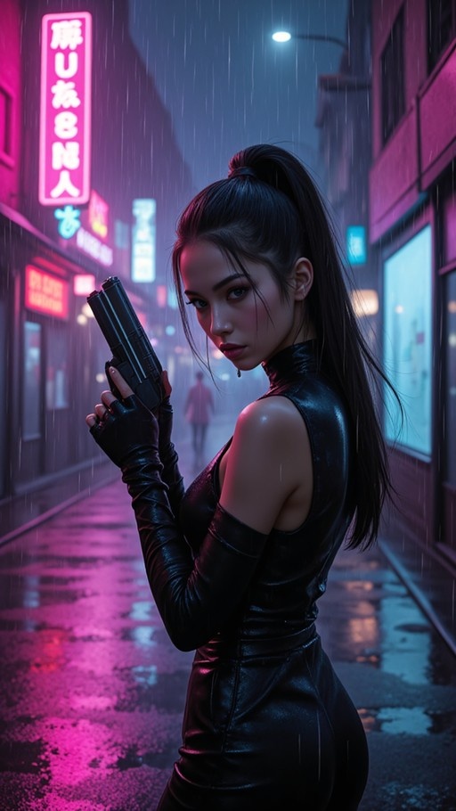 A woman in a black leather dress and gloves holds a handgun while standing on a wet street at night under neon lights.