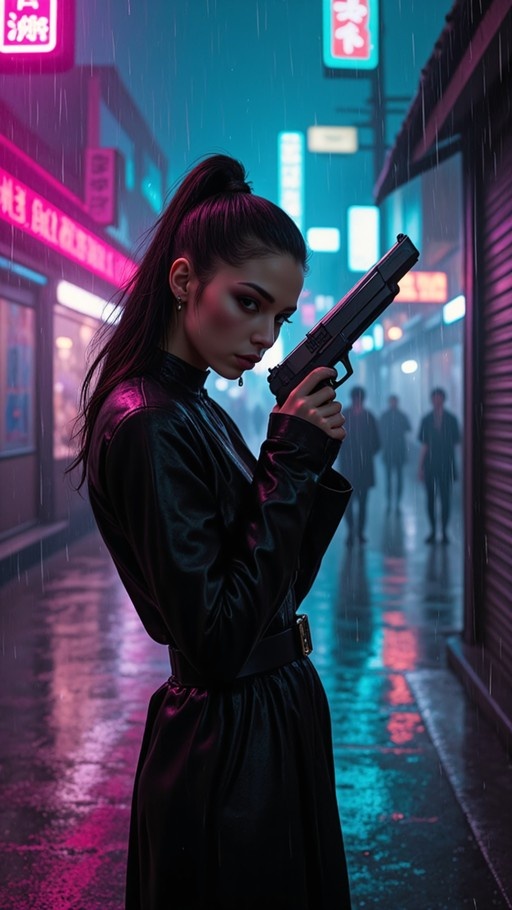 A woman with a high ponytail holding a handgun in the rain under neon lights