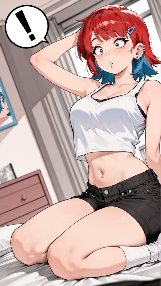 An anime-style illustration of a girl with short red hair and blue tips sitting on a bed in a white crop top and black shorts, looking surprised with an exclamation mark speech bubble.