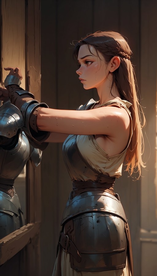 Side profile of a sweaty brown-haired woman in armor reaching for silver plate mail.