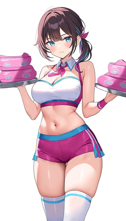 Anime girl in sporty outfit holding trays of pink treats